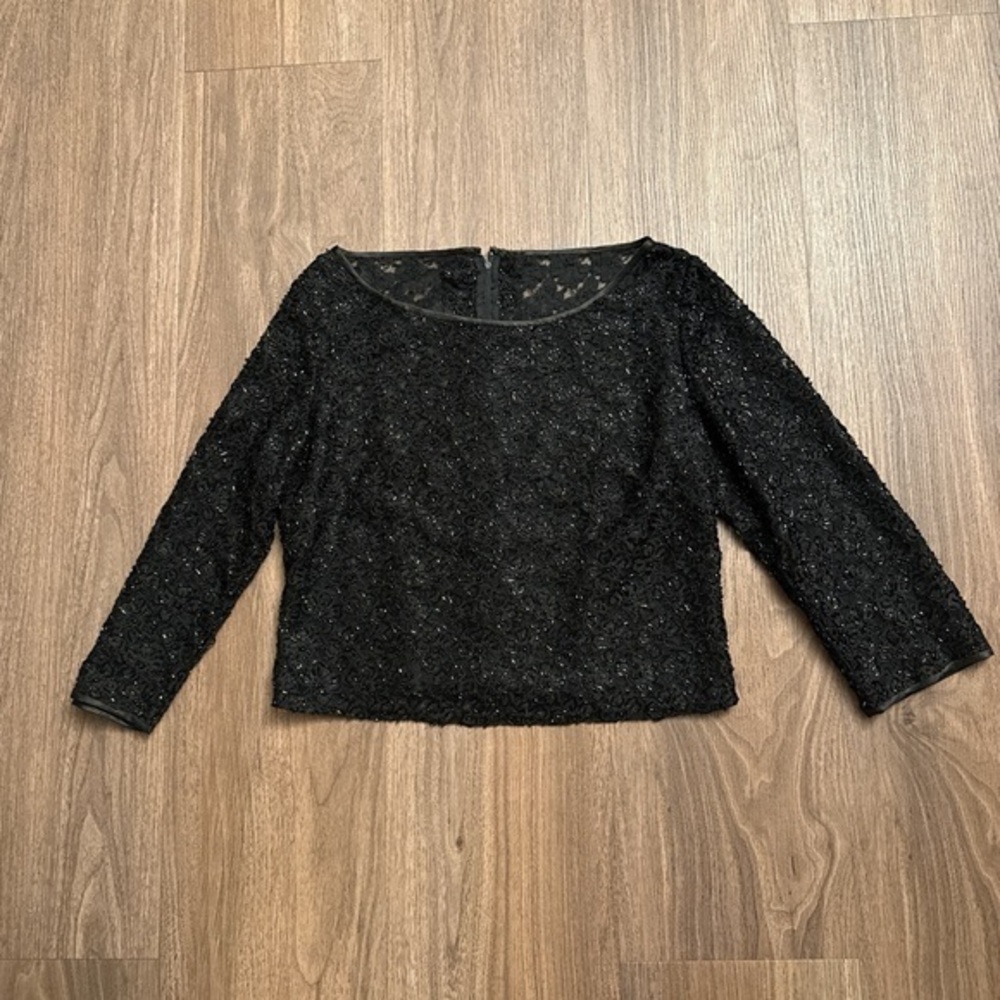 Vintage 1950s /1960s all over beaded black long sleeve cropped top